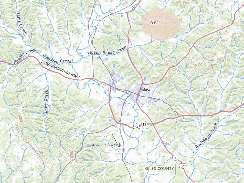 Radar-estimated hail-size map of the storm over Pulaski, TN on Jul 19, 2026
