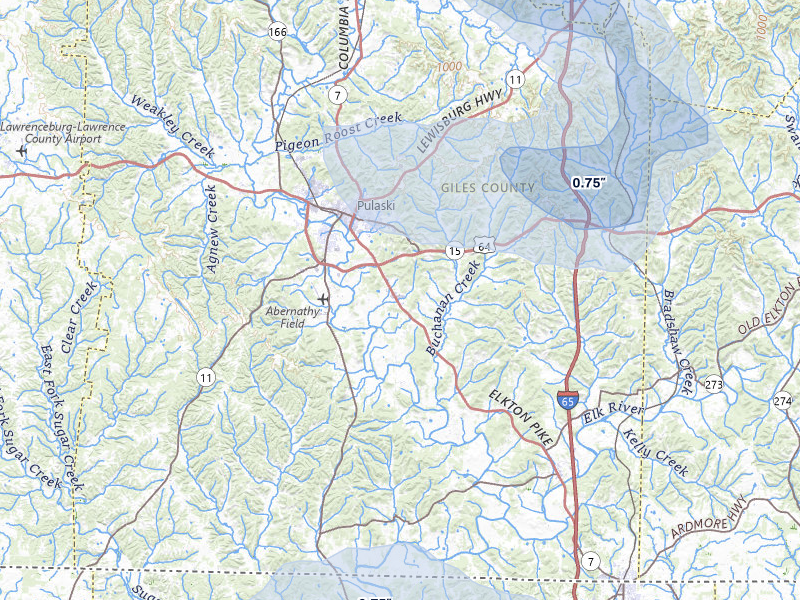 NEXRAD radar-signature map of the hail storm over Pulaski, TN on Aug 17, 2026