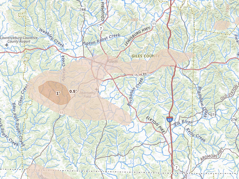 Radar-estimated hail-size map of the storm over Pulaski, TN on Aug 20, 2026
