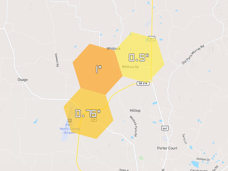 Hail map of Puryear, TN on Jul 2, 2026, hail up to 1"