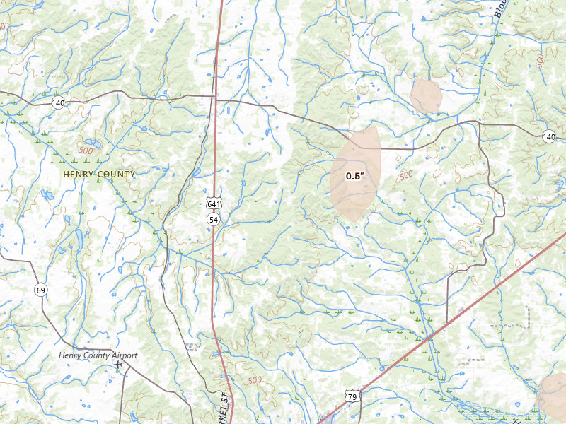 Radar-estimated hail-size map of the storm over Puryear, TN on Aug 8, 2026