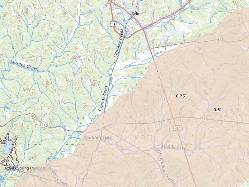 Radar-estimated hail-size map of the storm over Ramer, TN on Mar 15, 2026