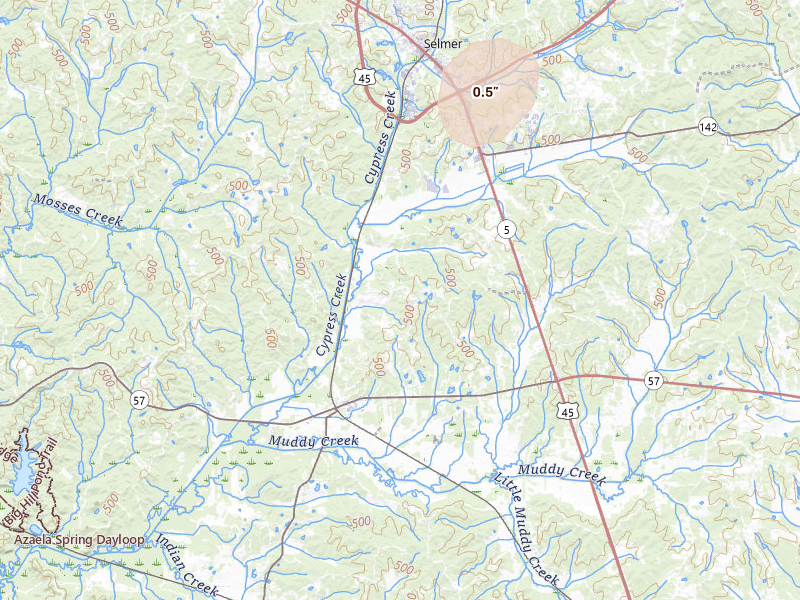 Radar-estimated hail-size map of the storm over Ramer, TN on Jul 5, 2026