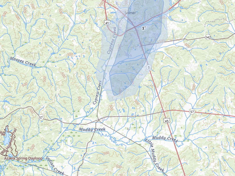 NEXRAD radar-signature map of the hail storm over Ramer, TN on Jul 5, 2026