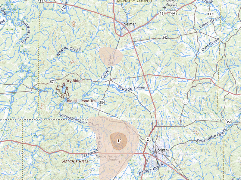 Radar-estimated hail-size map of the storm over Ramer, TN on Aug 9, 2026
