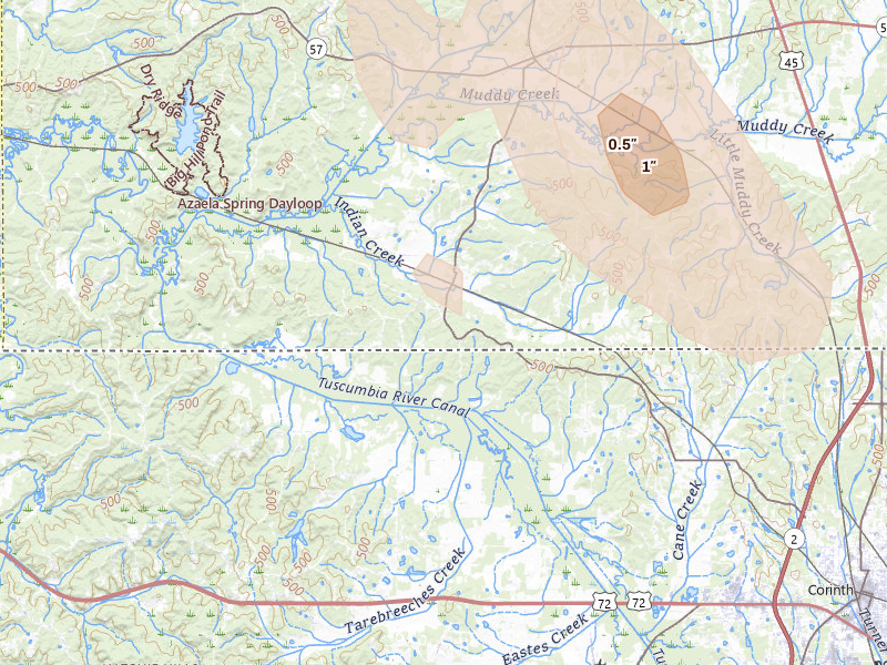 Radar-estimated hail-size map of the storm over Ramer, TN on Aug 22, 2026