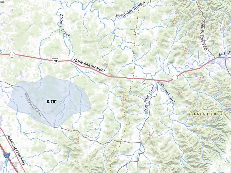 NEXRAD radar-signature map of the hail storm over Readyville, TN on Aug 8, 2026