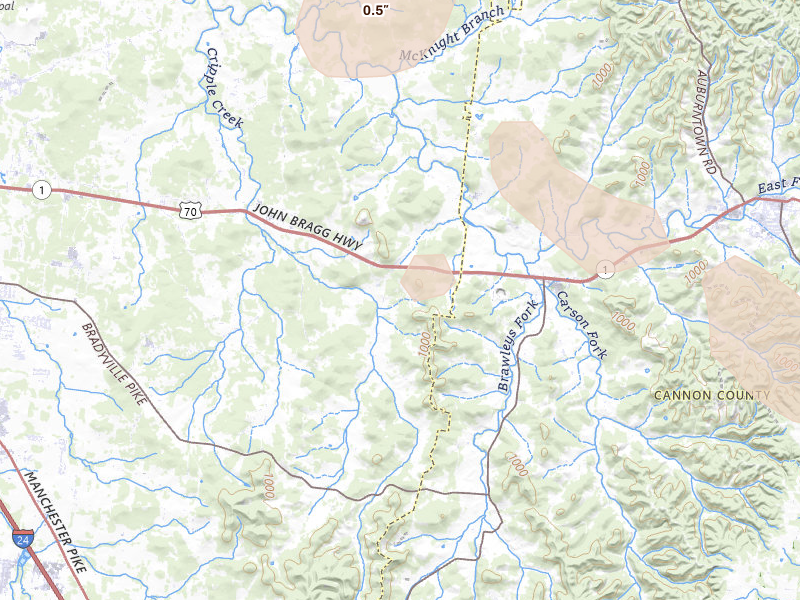 Radar-estimated hail-size map of the storm over Readyville, TN on Aug 11, 2026