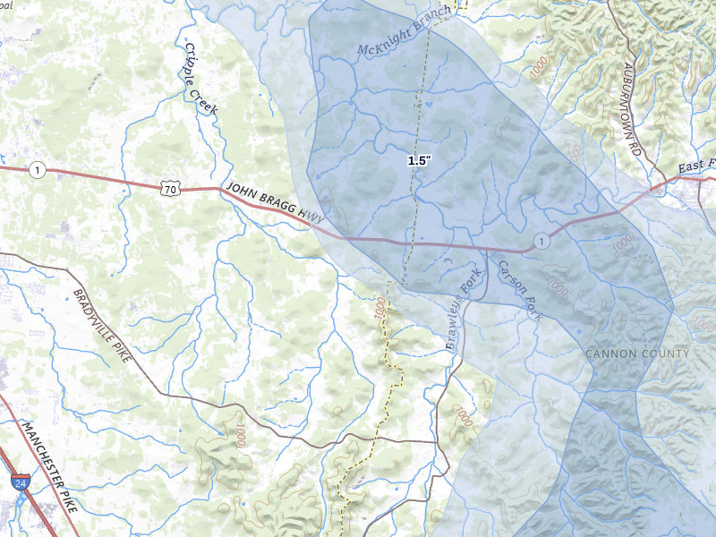 NEXRAD radar-signature map of the hail storm over Readyville, TN on Aug 11, 2026