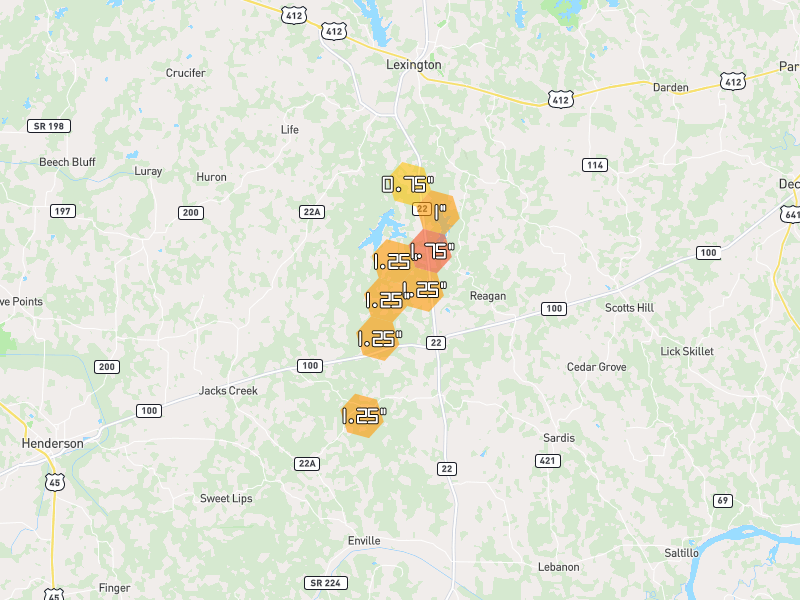 Hail map of Reagan, TN on Jul 3, 2026, hail up to 1.75"