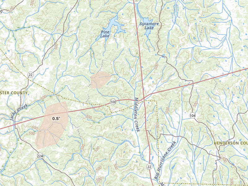 Radar-estimated hail-size map of the storm over Reagan, TN on Aug 7, 2026