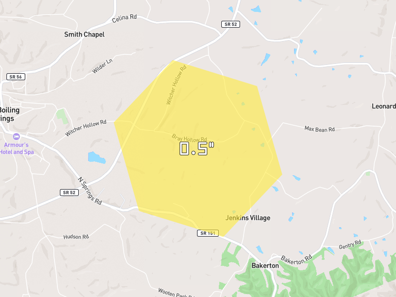 Hail map of Red Boiling Springs, TN on Jun 27, 2026, hail up to 0.5"