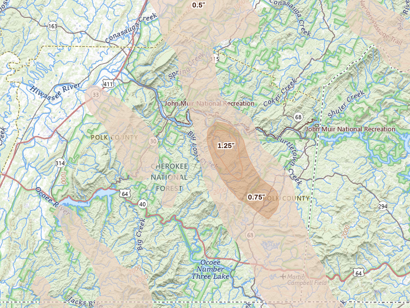 Radar-estimated hail-size map of the storm over Reliance, TN on Jul 28, 2026