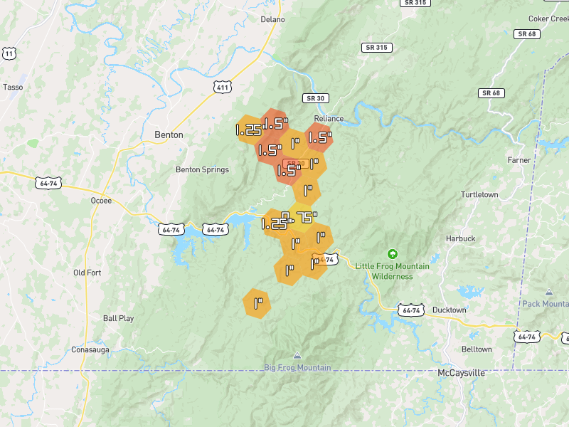Hail map of Reliance, TN on Jul 29, 2026, hail up to 1.5"