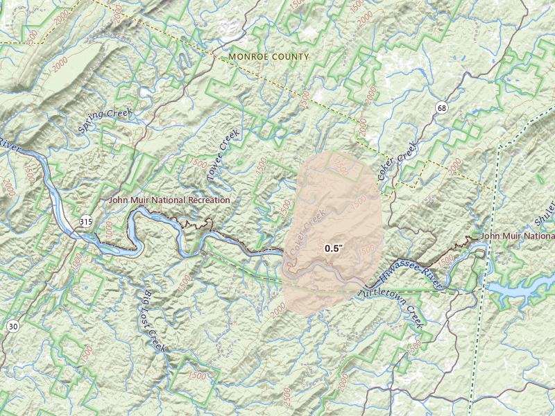Radar-estimated hail-size map of the storm over Reliance, TN on Aug 20, 2026