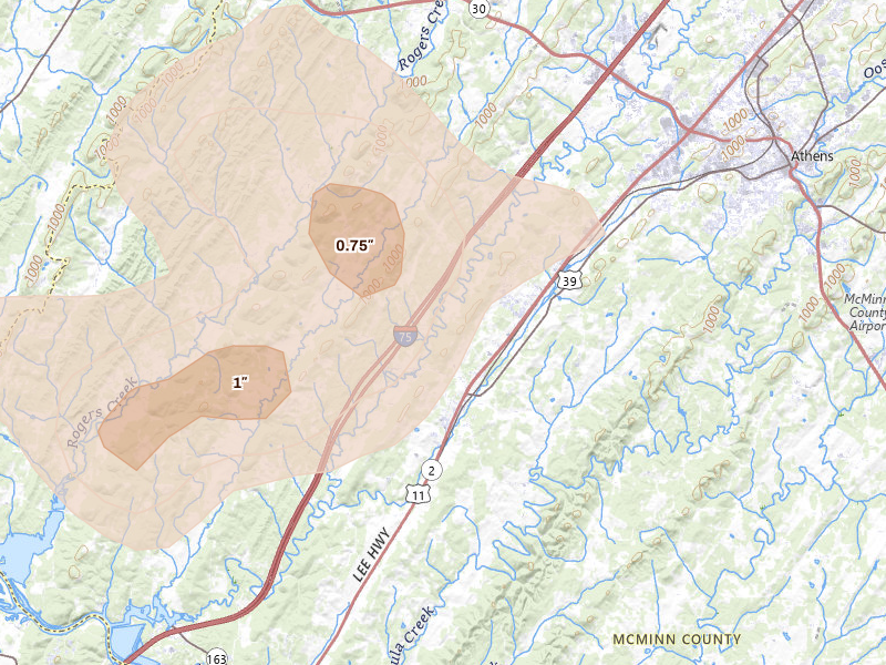 Radar-estimated hail-size map of the storm over Riceville, TN on Jul 3, 2026