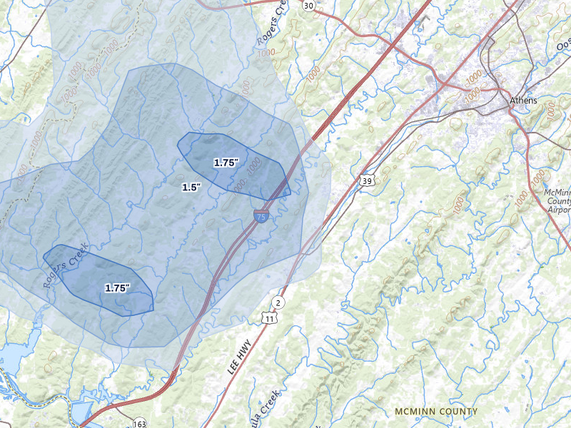 NEXRAD radar-signature map of the hail over Riceville, TN