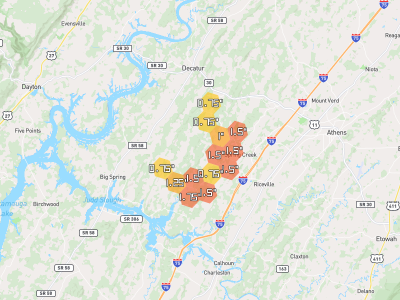 Hail map of Riceville, TN on Jul 3, 2026, hail up to 1.75"