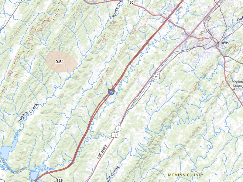 Radar-estimated hail-size map of the storm over Riceville, TN