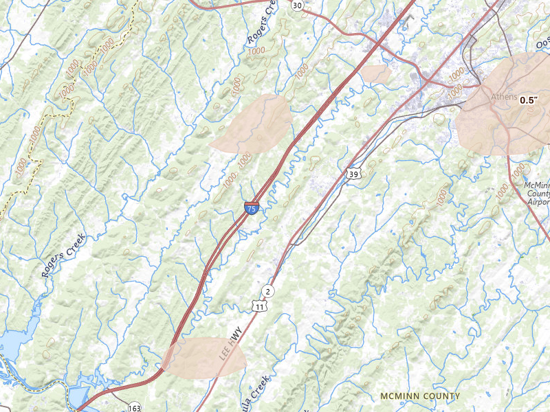 Radar-estimated hail-size map of the storm over Riceville, TN on Aug 17, 2026