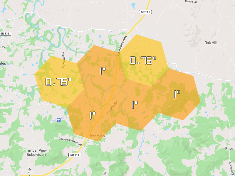 Hail map of Rickman, TN on Jul 3, 2026, hail up to 1"