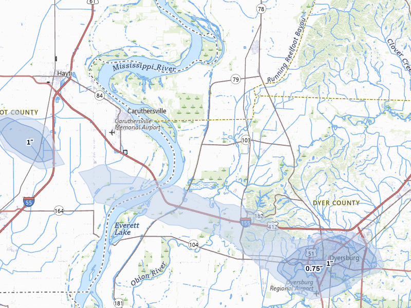 NEXRAD radar-signature map of the hail over Ridgely, TN