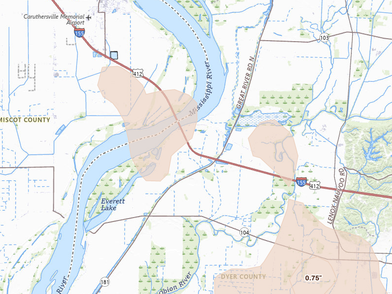 Radar-estimated hail-size map of the storm over Ridgely, TN on Aug 19, 2026