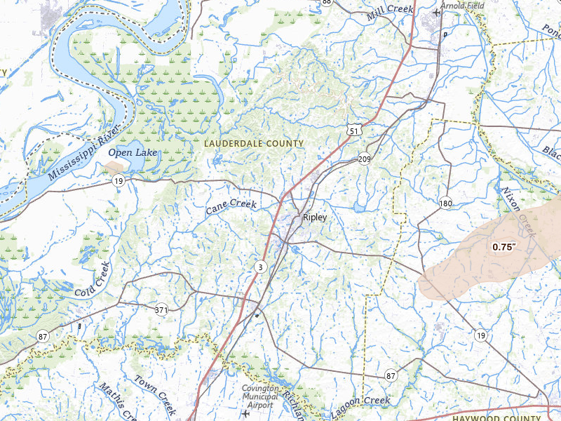 Radar-estimated hail-size map of the storm over Ripley, TN on Apr 27, 2026