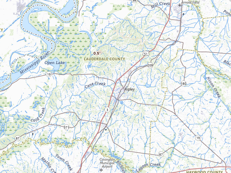 Radar-estimated hail-size map of the storm over Ripley, TN on Jun 7, 2026