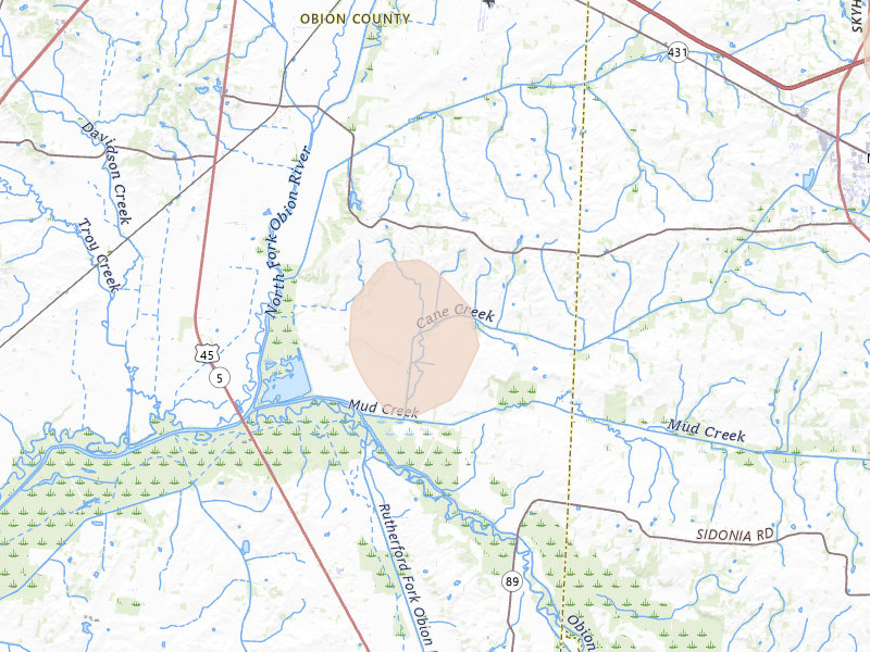 Radar-estimated hail-size map of the storm over Rives, TN on Jul 3, 2026