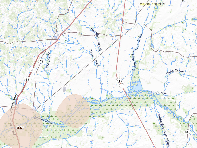 Radar-estimated hail-size map of the storm over Rives, TN on Aug 26, 2026