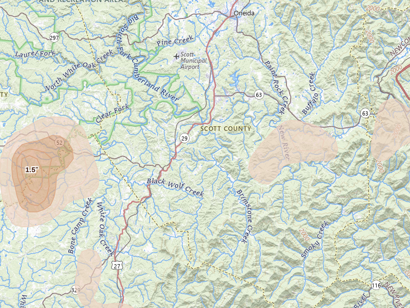 Radar-estimated hail-size map of the storm over Robbins, TN on Jul 3, 2026