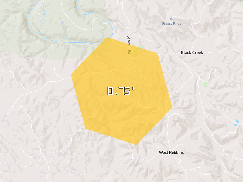 Hail map of Robbins, TN on Jul 4, 2026, hail up to 0.75"