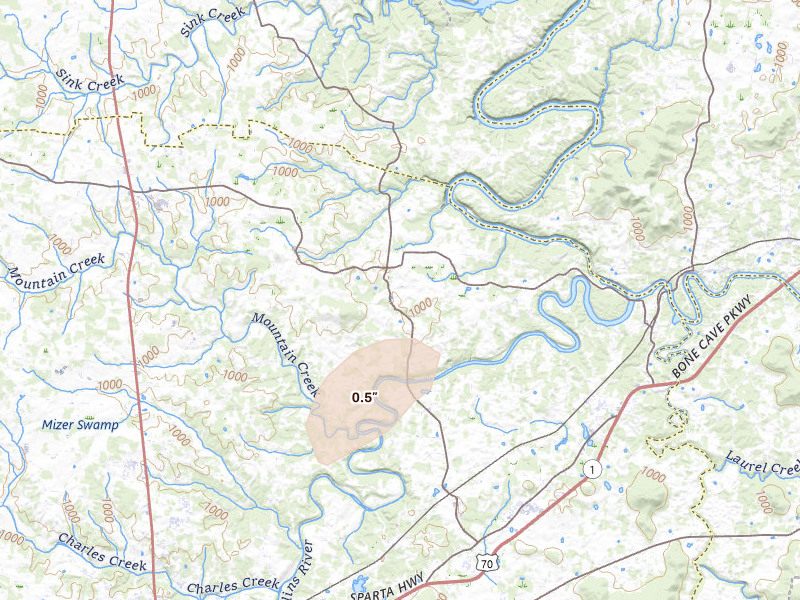 Radar-estimated hail-size map of the storm over Rock Island, TN on Jul 5, 2026