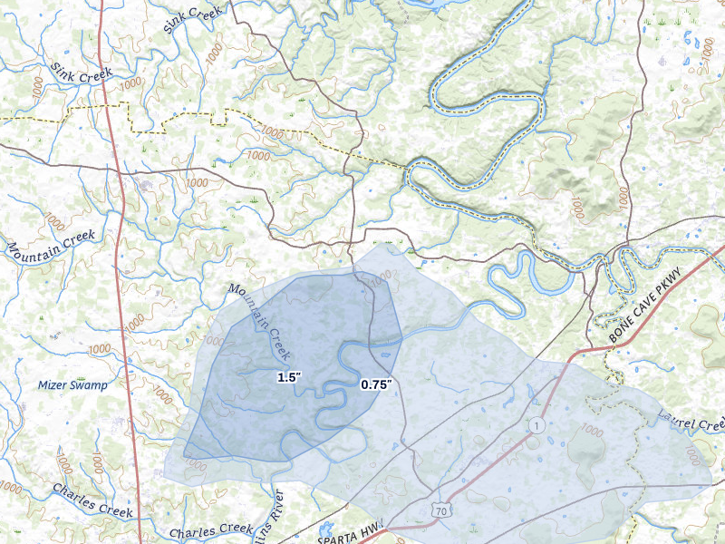 NEXRAD radar-signature map of the hail storm over Rock Island, TN on Jul 5, 2026