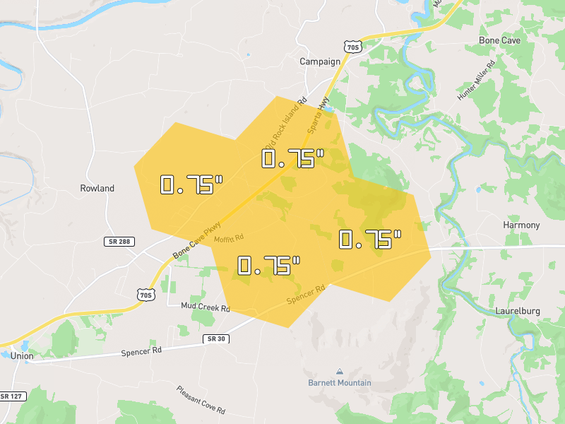 Hail map of Rock Island, TN on Jul 5, 2026, hail up to 0.75"