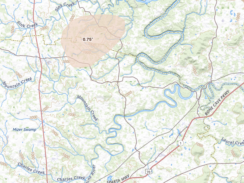 Radar-estimated hail-size map of the storm over Rock Island, TN on Jul 11, 2026