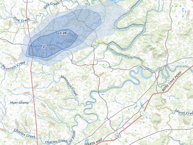 NEXRAD radar-signature map of the hail storm over Rock Island, TN on Jul 11, 2026