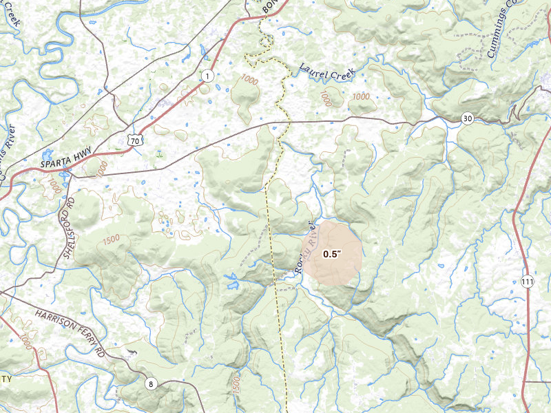 Radar-estimated hail-size map of the storm over Rock Island, TN on Aug 6, 2026