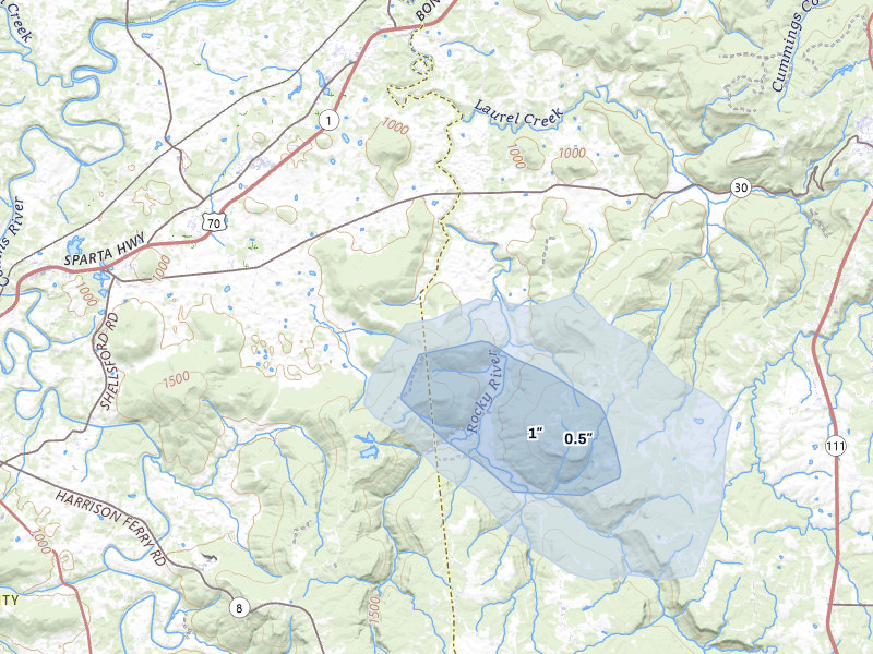 NEXRAD radar-signature map of the hail storm over Rock Island, TN on Aug 6, 2026