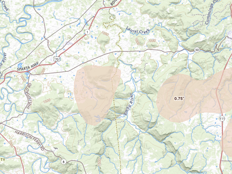 Radar-estimated hail-size map of the storm over Rock Island, TN on Aug 7, 2026