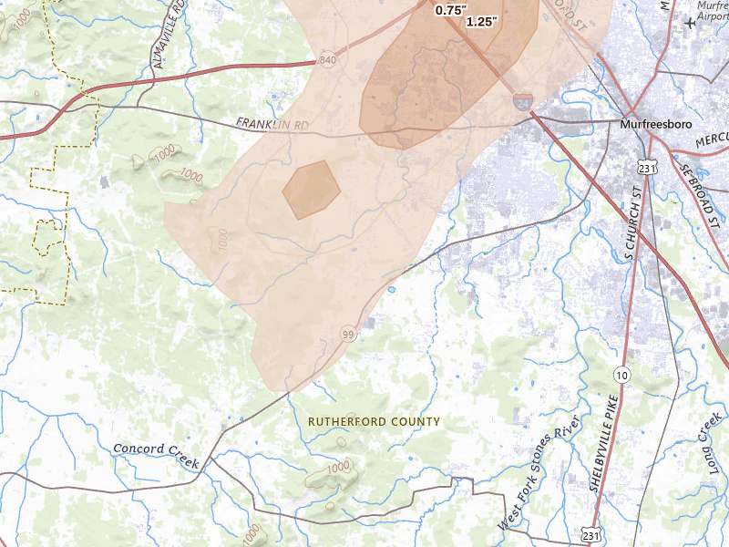 Radar-estimated hail-size map of the storm over Rockvale, TN on Aug 7, 2026