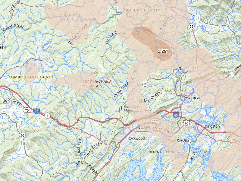 Radar-estimated hail-size map of the storm over Rockwood, TN on Jul 3, 2026