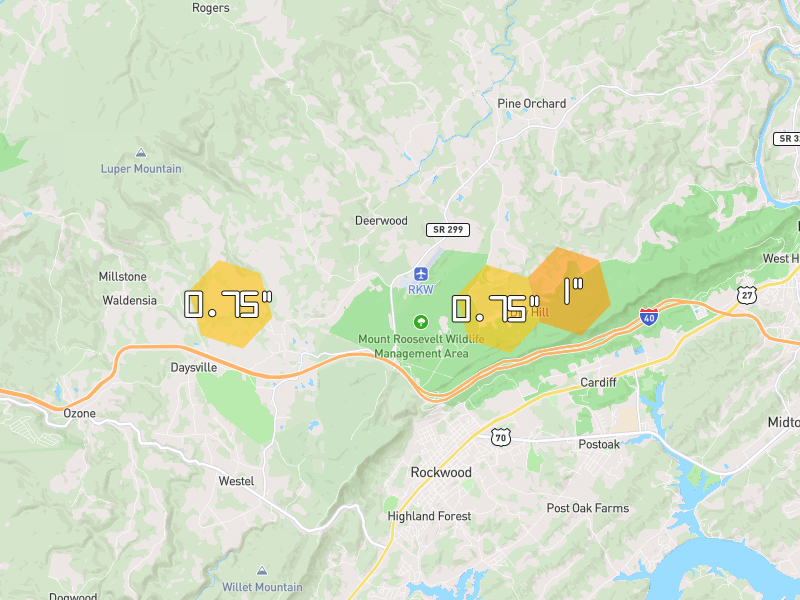 Hail map of Rockwood, TN on Jul 3, 2026, hail up to 1"