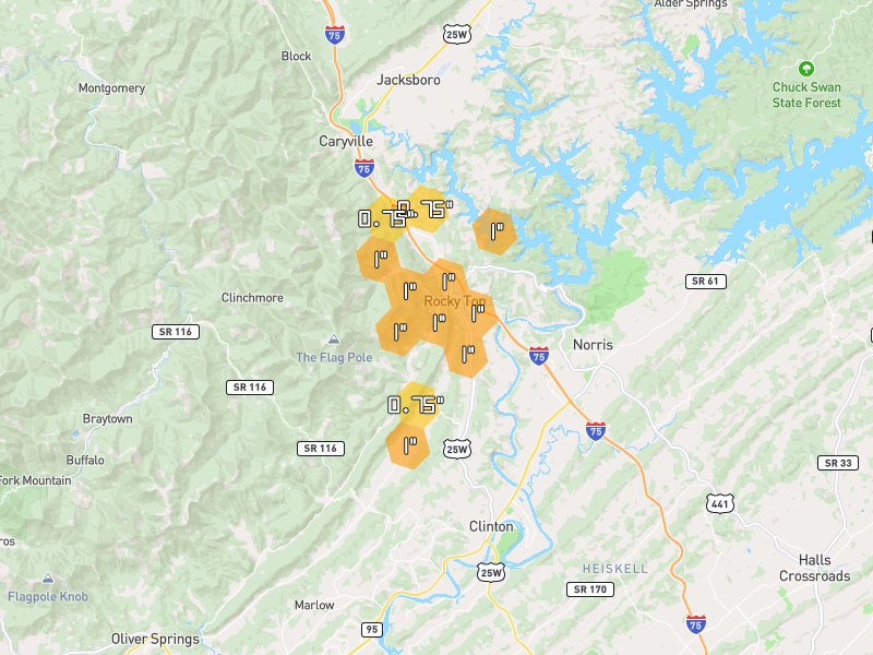 Hail map of Rocky Top, TN on Jul 4, 2026, hail up to 1"