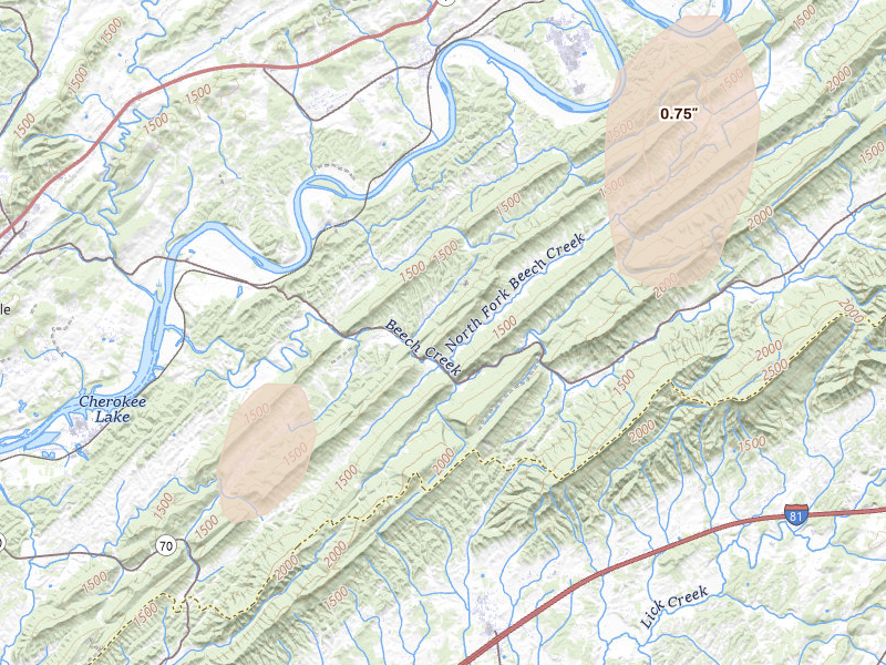Radar-estimated hail-size map of the storm over Rogersville, TN on Jun 29, 2026