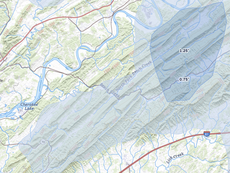 NEXRAD radar-signature map of the hail over Rogersville, TN