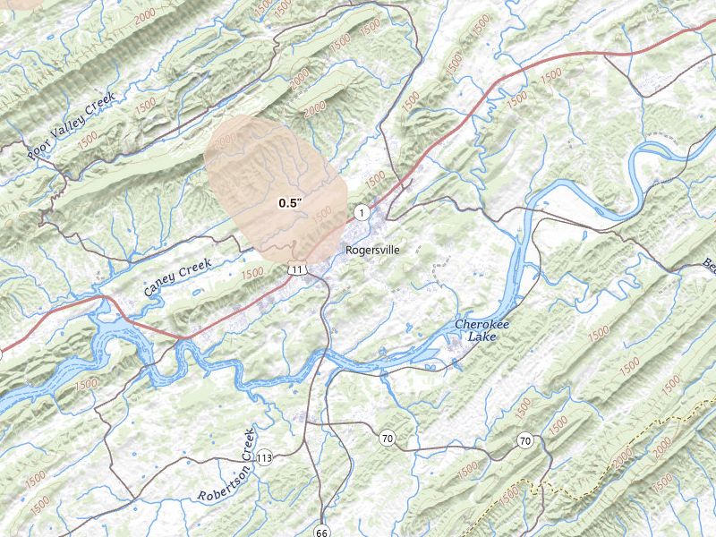 Radar-estimated hail-size map of the storm over Rogersville, TN on Aug 11, 2026