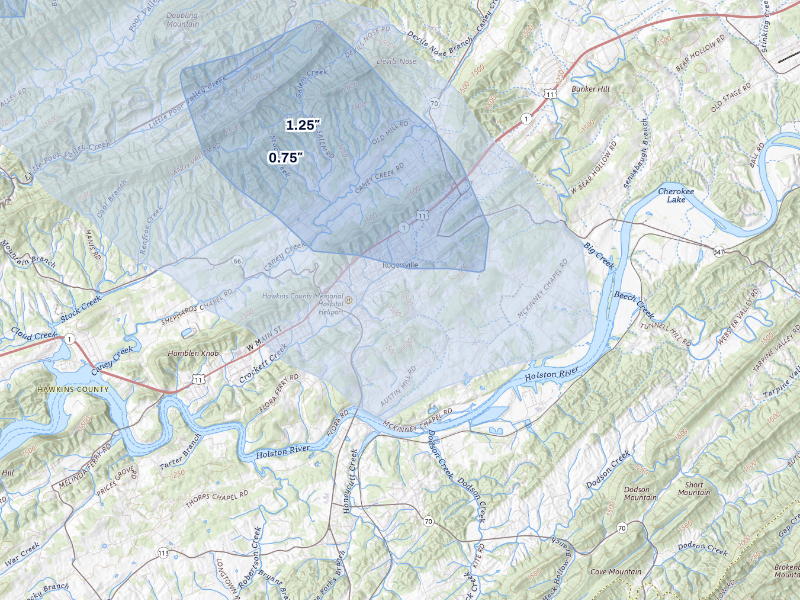 NEXRAD radar-signature map of the hail storm over Rogersville, TN on Aug 11, 2026