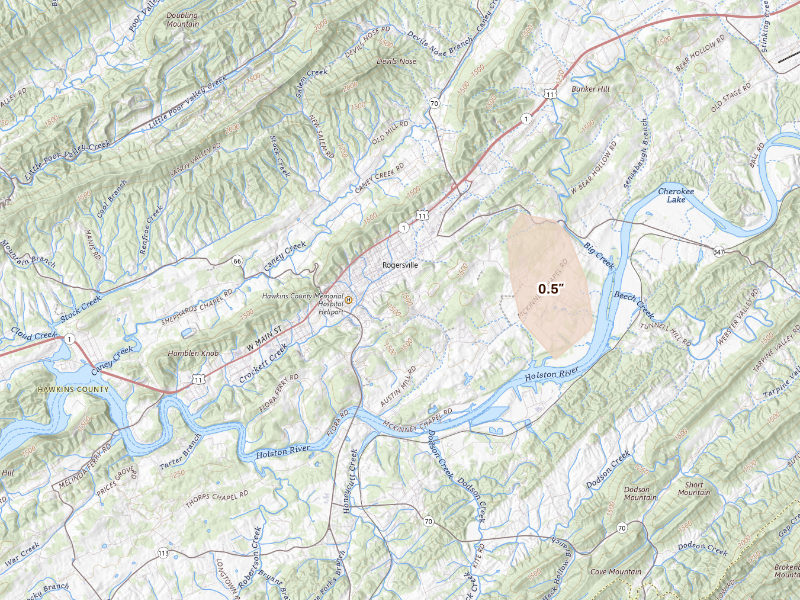 Radar-estimated hail-size map of the storm over Rogersville, TN
